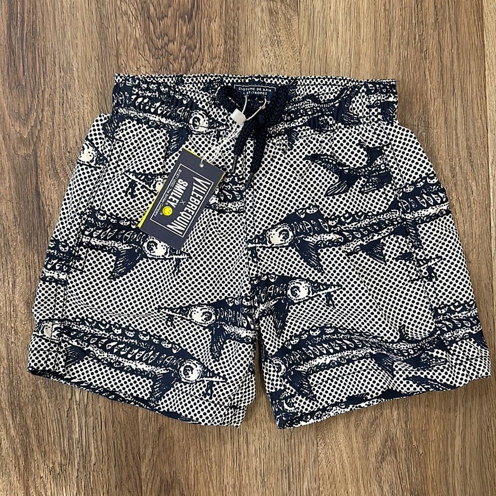 Vilebrequin Navy and White Kids Swim Trunks with Fish Print